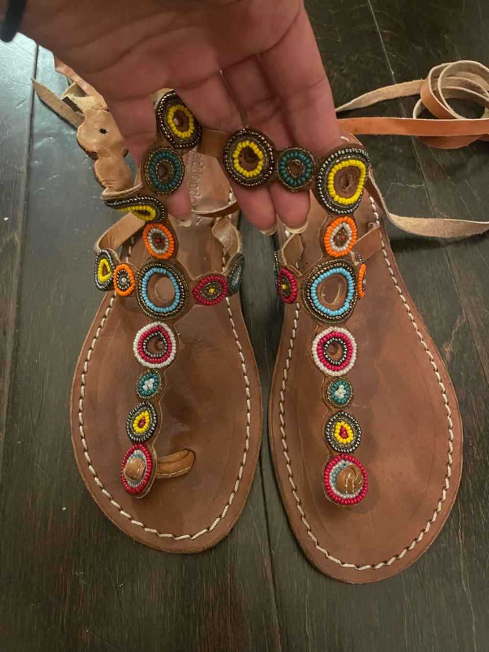Free People Anthropologie Brown Leather Gladiator Sandals size 8 Colorful Beads